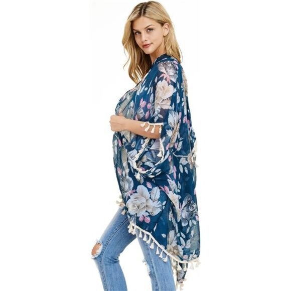 Blue Floral Print Fringe Kimono Shawl‎ Open Cardigan Kaftan Poncho Cover Up Vest - Picture 2 of 5